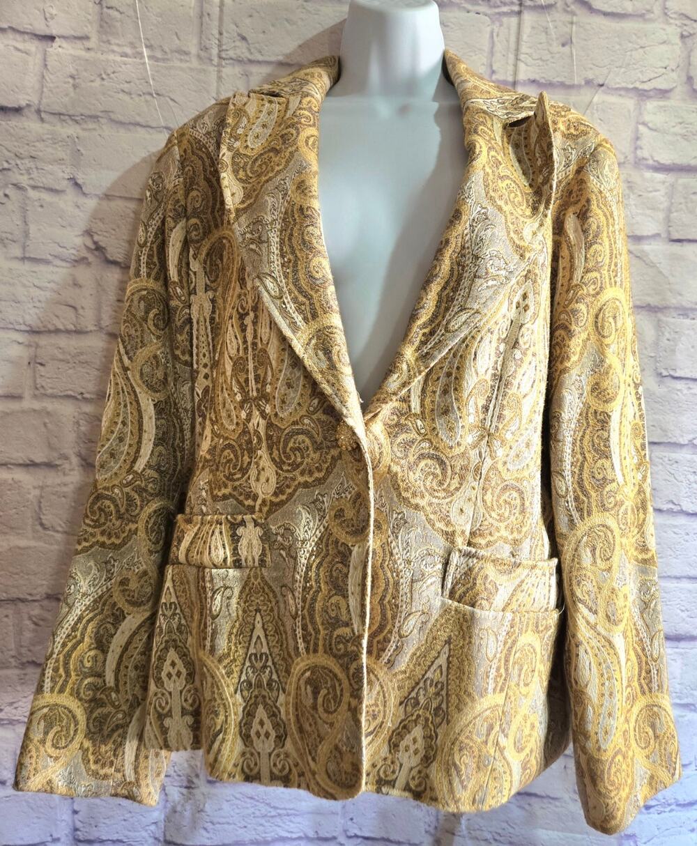Coldwater Creek Gold Paisley Print Single Button Blazer 1X Plus Lined